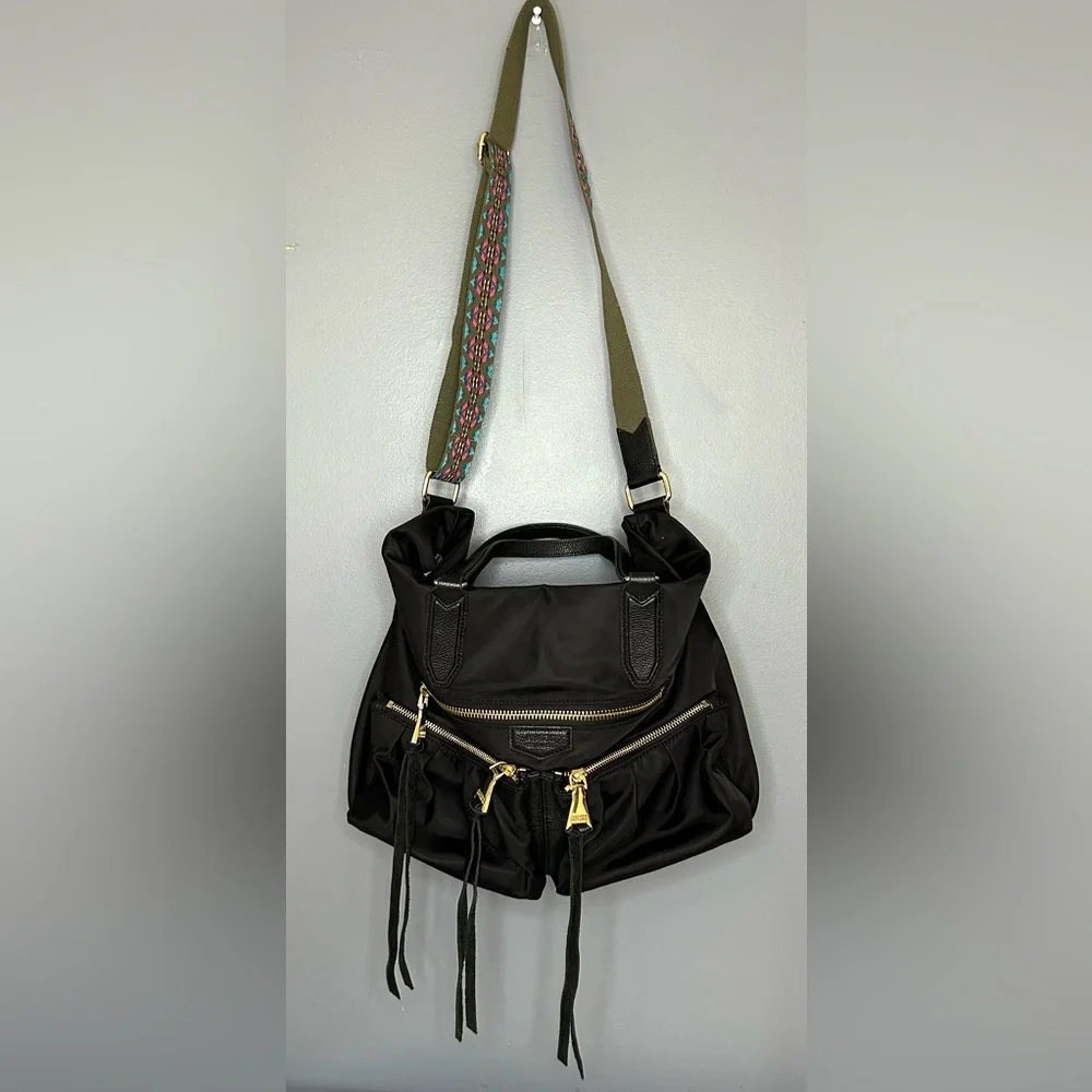 Aimee Kestenberg Nylon Leather Crossbody Tote Bag Satchel Purse XL Black‎ Boho